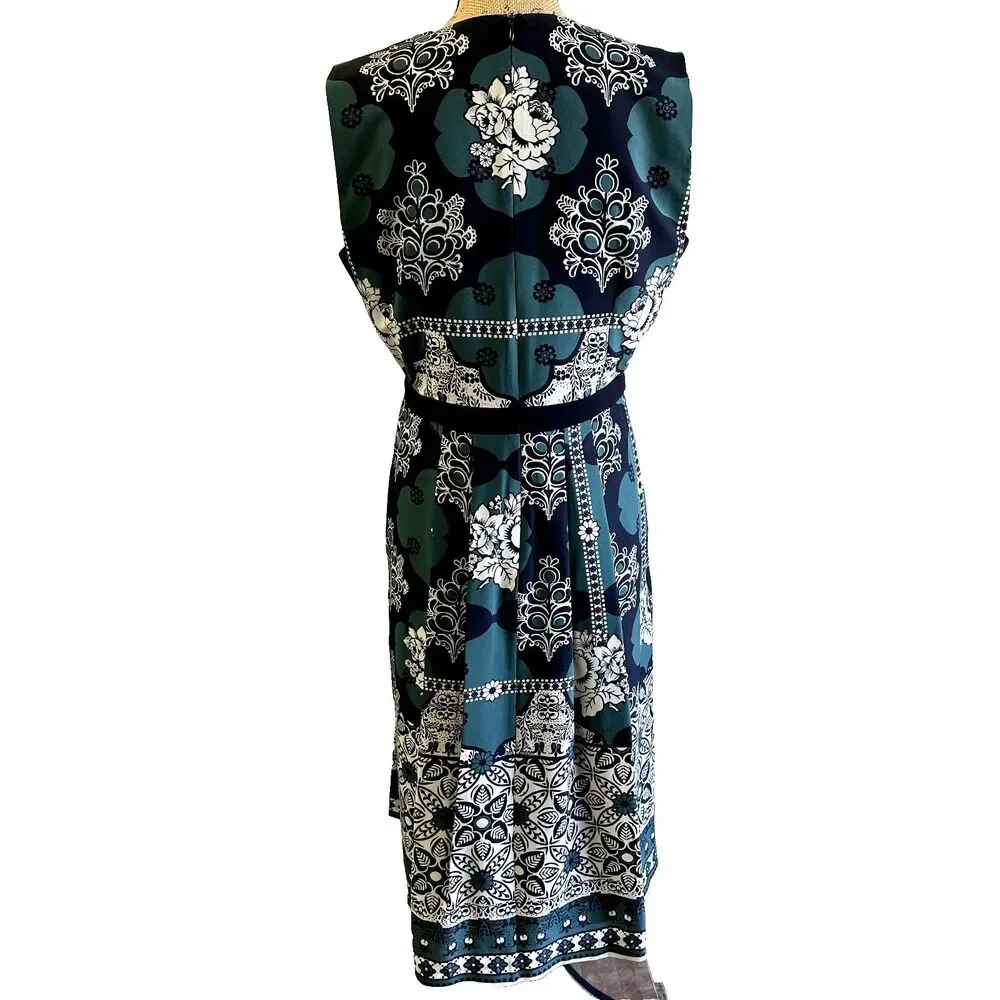 Pedro del Hierro Black Green Floral Printed A-line Sleeveless Midi Dress Sz L - Picture 7 of 16
